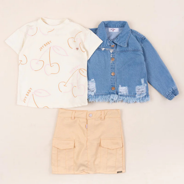 Conjunto Falda Short Metalizada con Camiseta y Chaqueta Denim