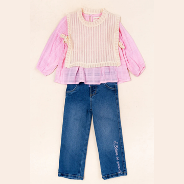 Conjunto Blusa Manga larga + Chaleco Tejido + Jean