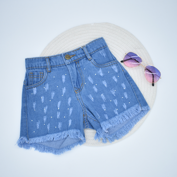 Short en Denim con Detalles Desgastados y Brillos